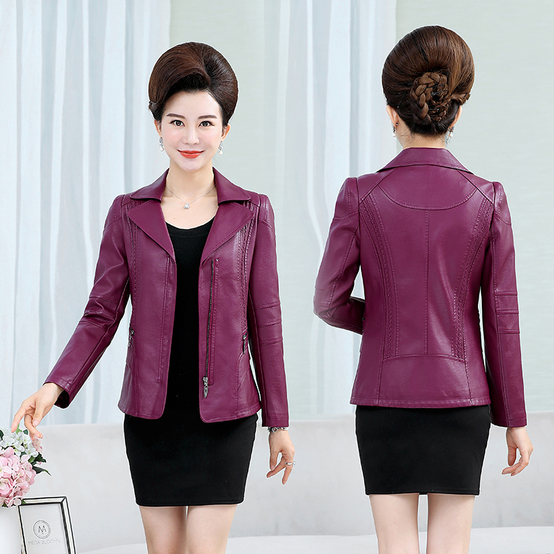 Mẹ Xuân Thu Coat Pu Da của phụ nữ ngắn áo khoác 40-50 Trung niên áo khoác da cho phụ nữ Máy Zipper nữ