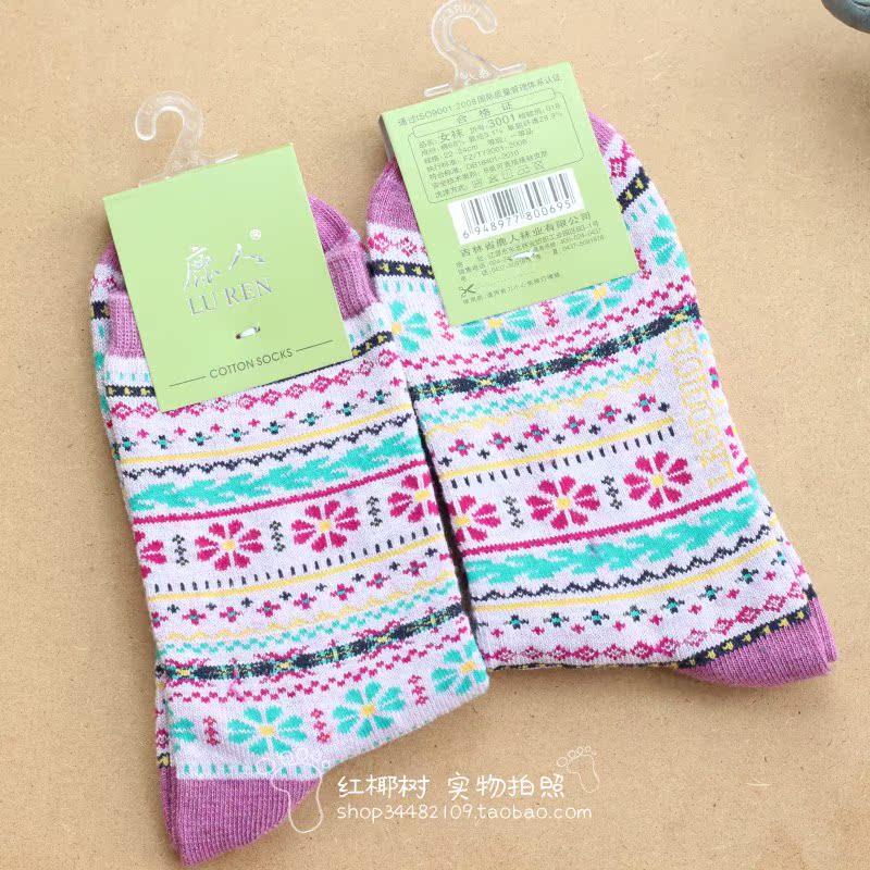 Deer xác thực 3001 cotton thoải mái Tất mùa thu và mùa đông của phụ nữ trong ống dày phim hoạt hình dân tộc Hàn Quốc của jacquard tất cao cổ