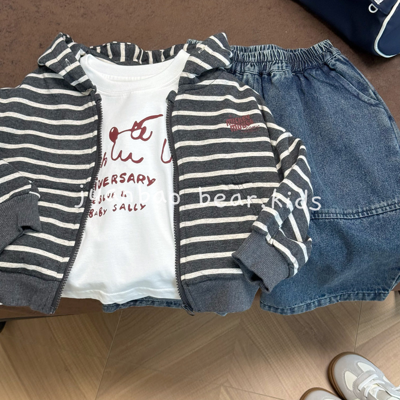 Mickey Striped Hooded Jacket Korean Style Top for Boys and Girls Fashionable Autumn Terry Korean Version Casual Printed Hooded
