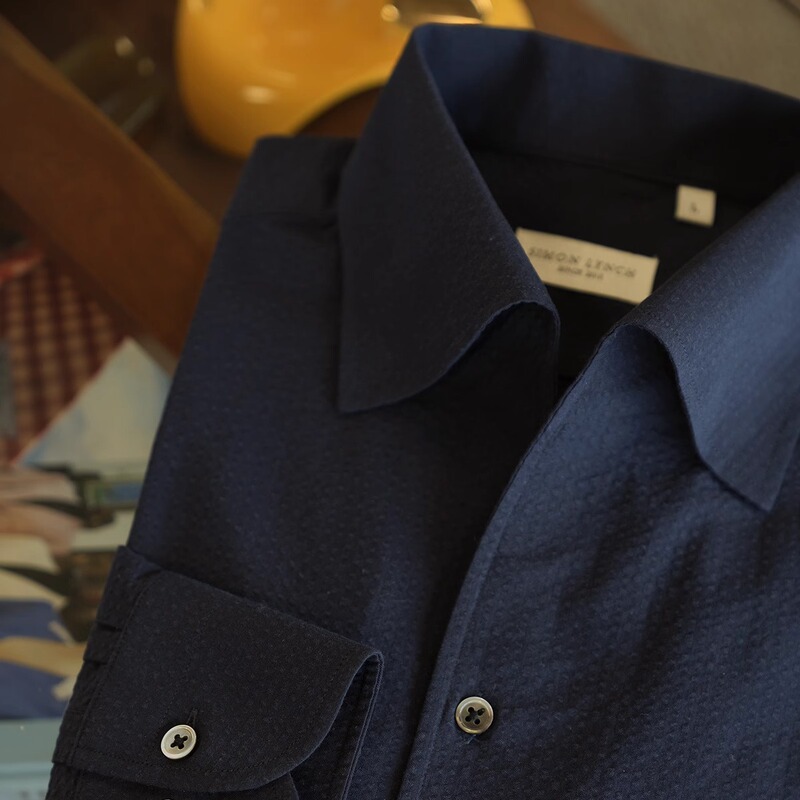 Spring and Summer Italian Naples Men's All-Cotton Seersucker One-Collar Long-Sleeve Shirt in Three Colors, High-End Craftsmanship