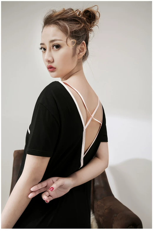 Modal tay ngắn dây váy ngủ nữ gợi cảm mùa hè đan bông sâu V viền váy ngủ cotton