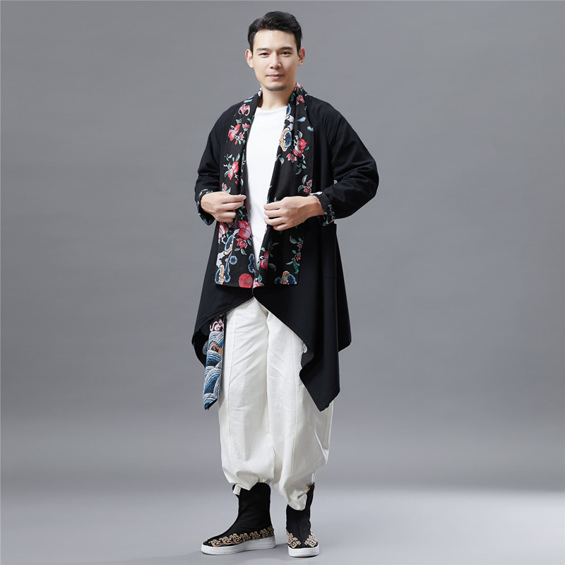 Mùa thu và mùa đông phong cách Trung Quốc áo choàng cotton và vải lanh nam quốc gia hai mặt có thể mặc áo gió dài màu đỏ và xanh dài áo choàng năm mới áo gió 1 lớp cho nam