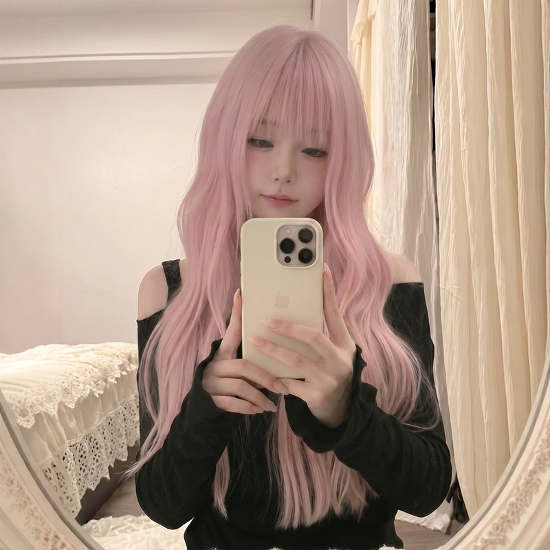 Cherry Blossom Pink Air Bangs Long Curly Wig, Realistic Human Hair Full Head Wig, Sweet Girl Cosplay Daily Full Head Wig