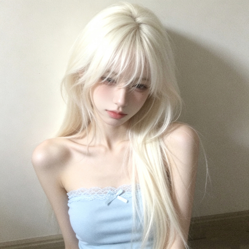 Moonlight White Cool Platinum Blonde Wig for Women, High-Layered Long Straight Hair with Air Bangs, Sweet Girl Style Natural Wig Set