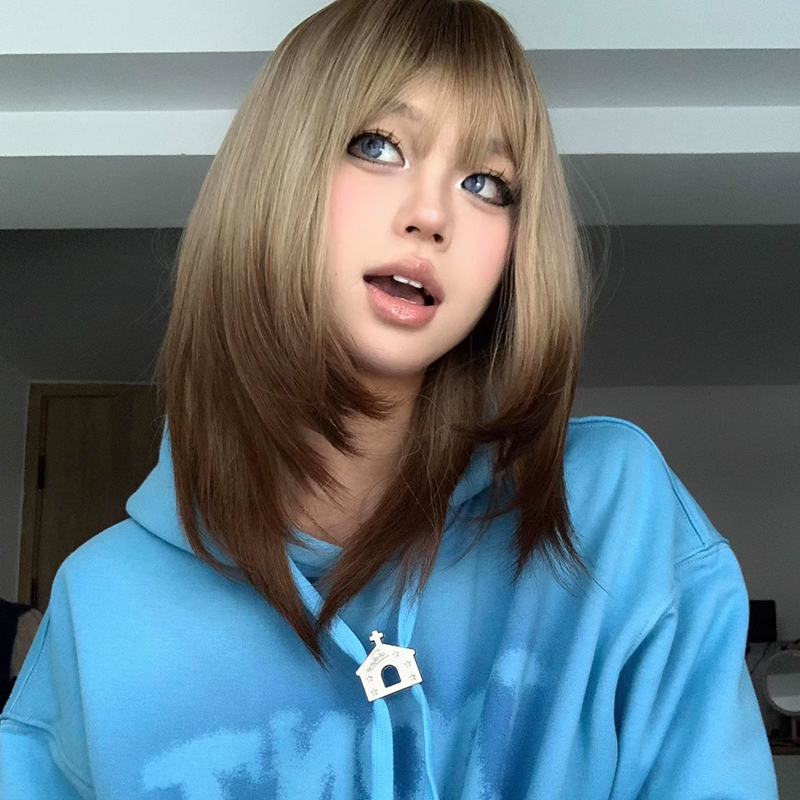 Happy Little Fish Siamese Cat Matte Bangs Medium-Length Hair High-Level Brown Gradient High-Temperature Fiber Wig Set