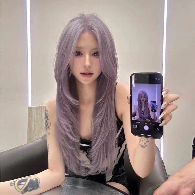 Lace Front Gray-Purple High-End Wig, Long Curly Hair, Hong Kong Style, Fashionable and Elegant, Lolita Internet Celebrity Full Head Wig
