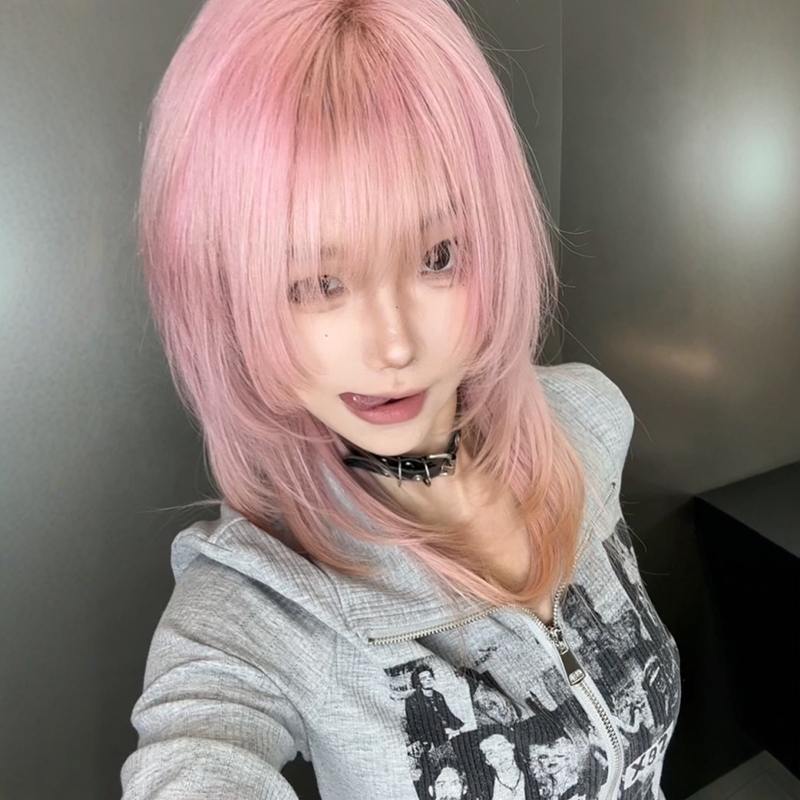 Daily Wig for Women, Pink Collarbone-Length Hair, Y2K Internet Celebrity Subculture, Full Bangs, High-End Short Straight Hair, Full Wig