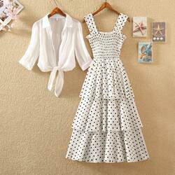 ສິ້ນຊຸດດຽວ / ຊຸດ 2024 summer ໃຫມ່ polka dot suspender skirt petite cake skirt ສອງສິ້ນຊຸດສໍາລັບແມ່ຍິງ