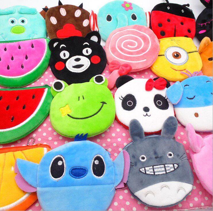 006 high quality lined cartoon large fruit animal plush coin purse coin bag sundries small baby