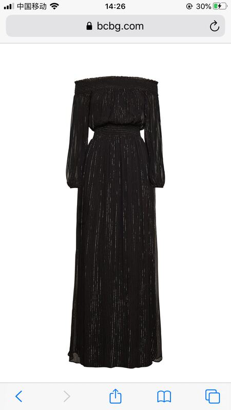 In Stock Bcb^Gmax^Azria Women's Black Base Gold Thread Flowing Off-Shoulder Long Dress XXS Jd