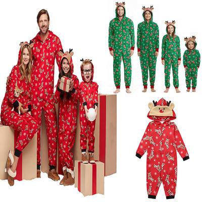 Christmas parent-child outfits, pajamas, home wear, hooded jumpsuits