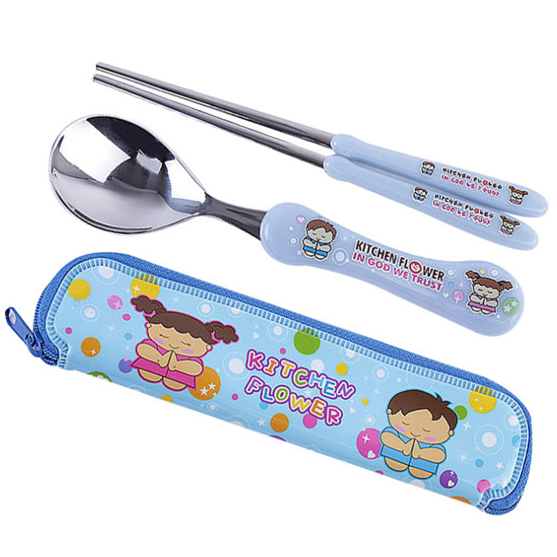 South Korean student children baby travel portable stainless steel practice eating chopsticks spoon cutlery set soup spoon