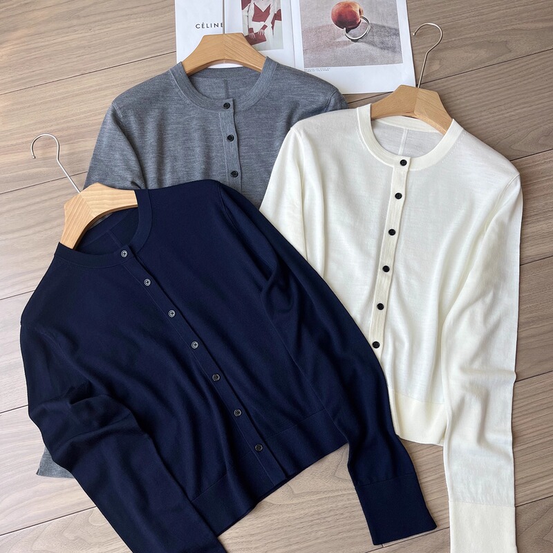 Lijia Ming German Yangtze Yarn 60-Count Fine Wool Knit Cardigan Long-Sleeve Round-Neck Basic Essential Button Sweater
