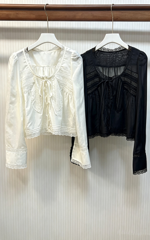 French-Style Elegant Lace Silk Cotton Shirt, Lace Patchwork Top French-Style Elegant Lace Silk Cotton Shirt, Lace Patchwork Top