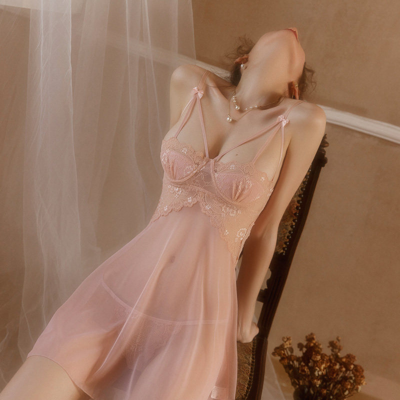 Sexy pajamas women's summer transparent mesh lace temptation steel support suspenders nightdress 2022 new pure desire style