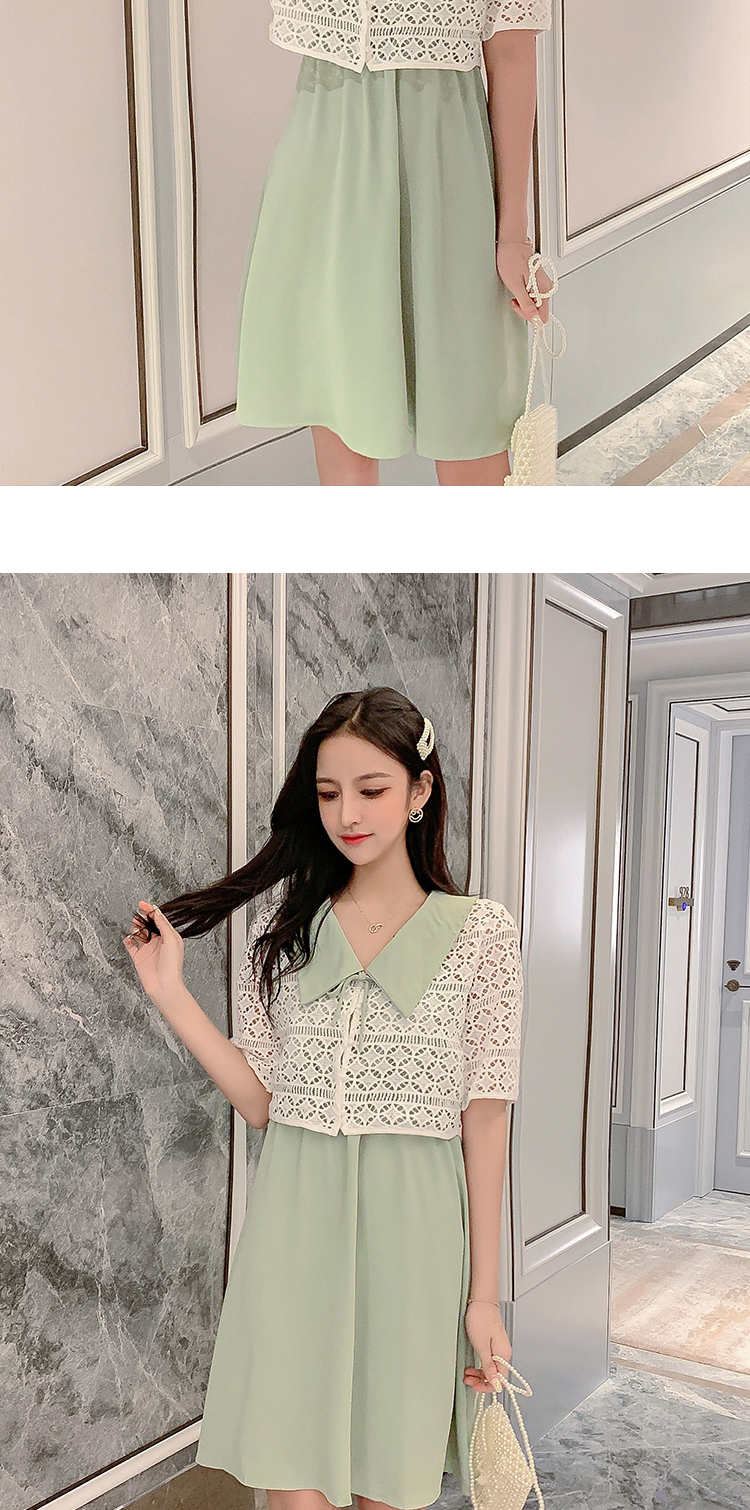 VK旗艦店 韓系撞色翻領鉤花開衫外套吊帶套裝短袖裙裝