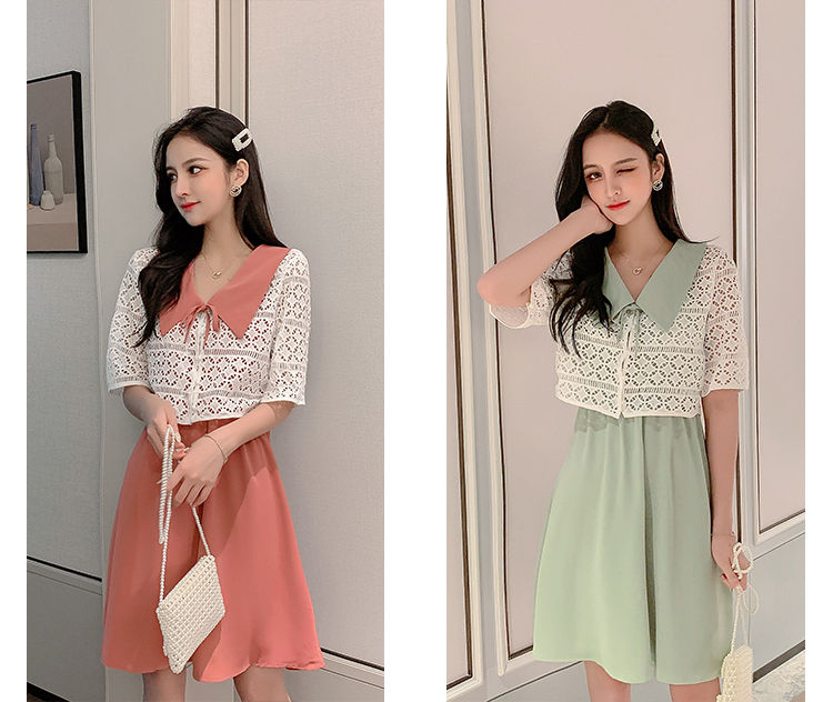 VK旗艦店 韓系撞色翻領鉤花開衫外套吊帶套裝短袖裙裝