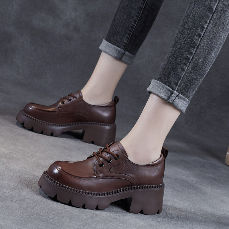 Genuine Leather Thick-Soled Small Leather Shoes for Women, Spring and Autumn Lace-Up High-Heeled Shoes, Soft-Soled Retro British Style Soft-Surface Work Shoes