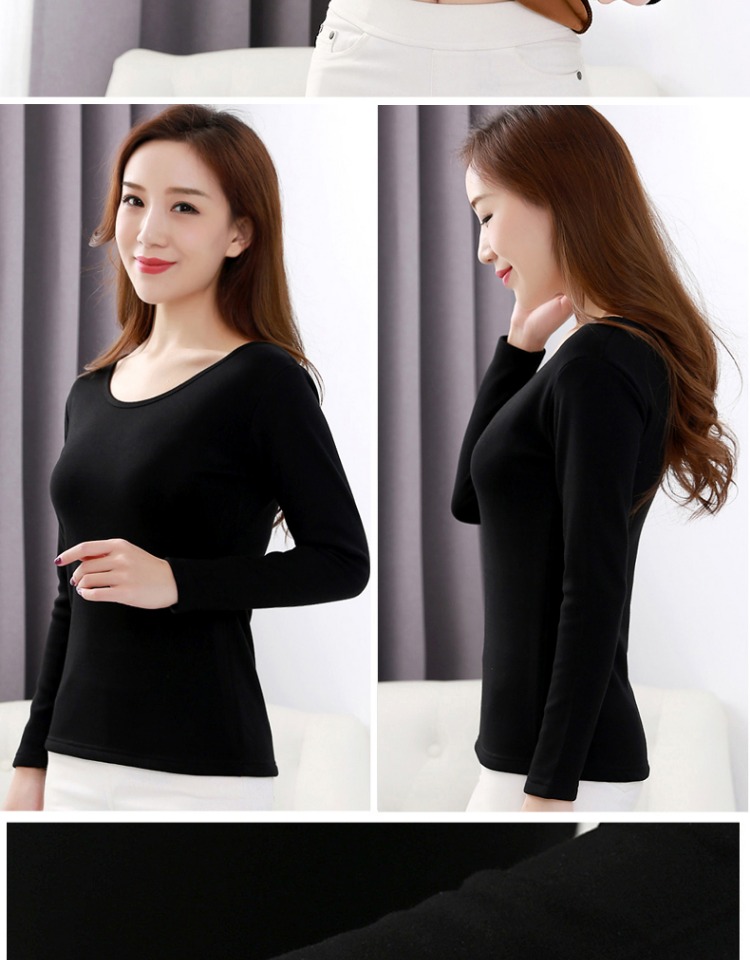 Kích thước lớn của phụ nữ cộng với áo thun nhung dày Đồ lót nhiệt dài tay Slim cổ tròn chạm đáy áo sơ mi cotton đơn ao giu nhiet lot nhung