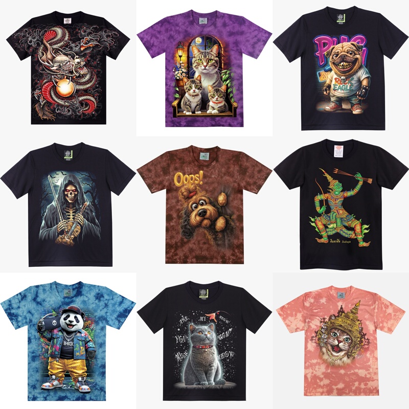 Thailand Imported Rock Men's and Women's Couple Printed Pure Cotton Luminous Tie-Dye Loose Short-Sleeved Animal Skull T-Shirt