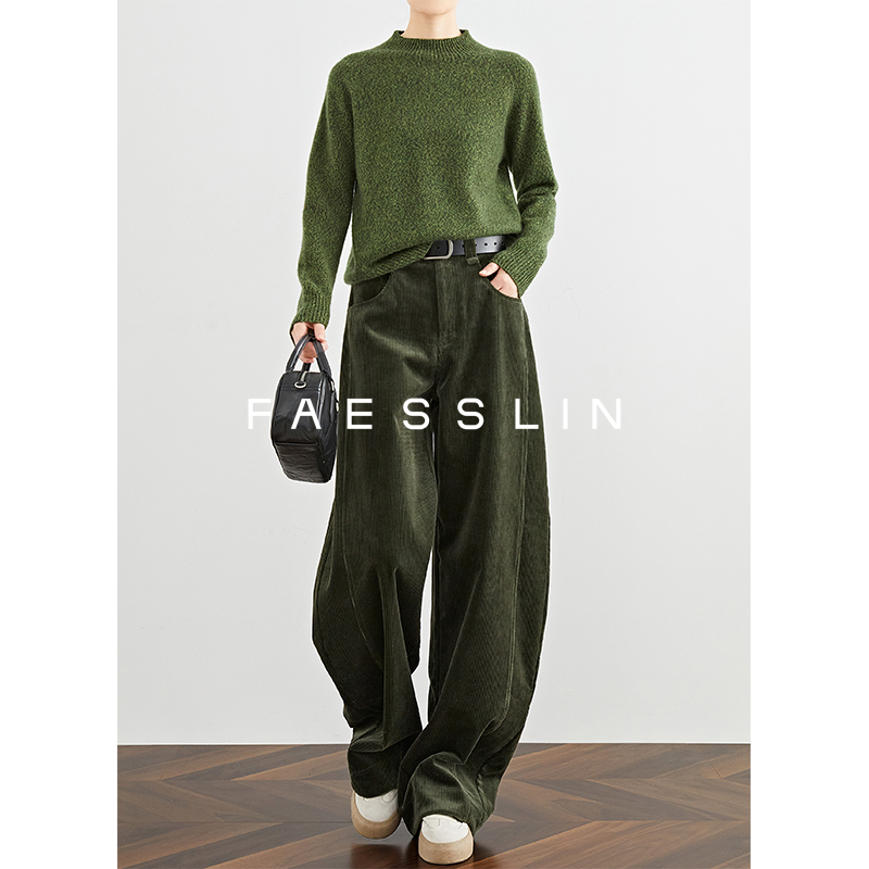 Faesslin Tall [Retro Hong Kong Style] Green Corduroy Thickened Fleece-Lined Wide-Leg Scimitar Pants for Women