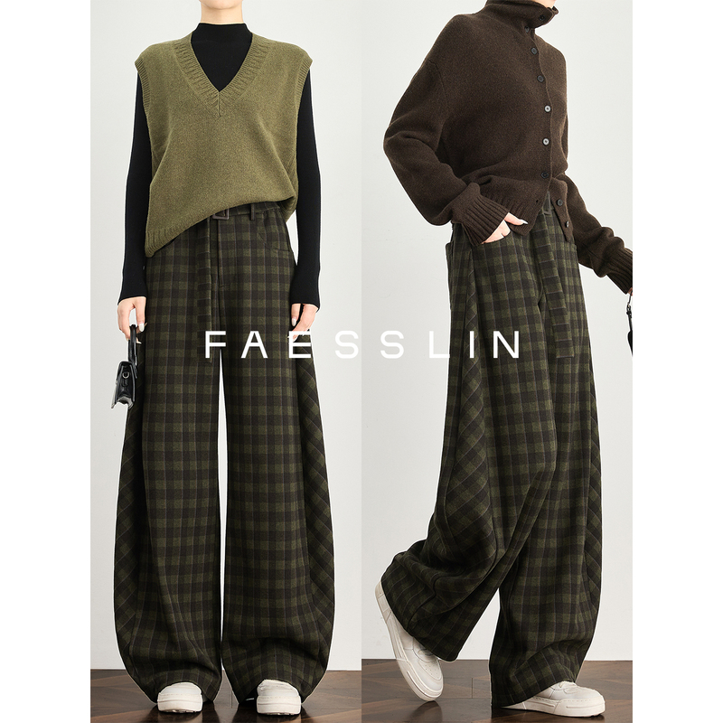 Faesslin Tall [British Plaid Pants] Casual Style Merino Wool Scimitar Casual Pants Women's Autumn Wide-Leg Pants