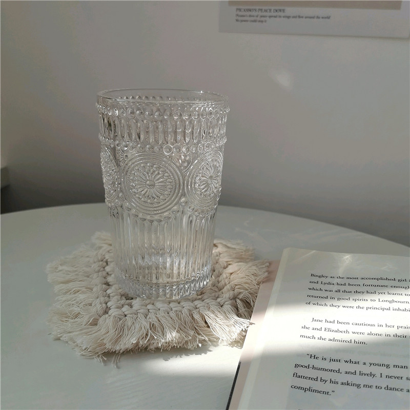 *Pretty Little Aunt * ins South Korean glass-glass-style retro-relief transparent glass goblet with glass of milk