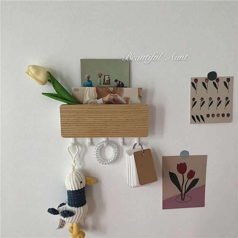 *Pretty Little Aunt * ins minimalist wood wall-mounted storage box Day-style KEY WALL Hook Hanger