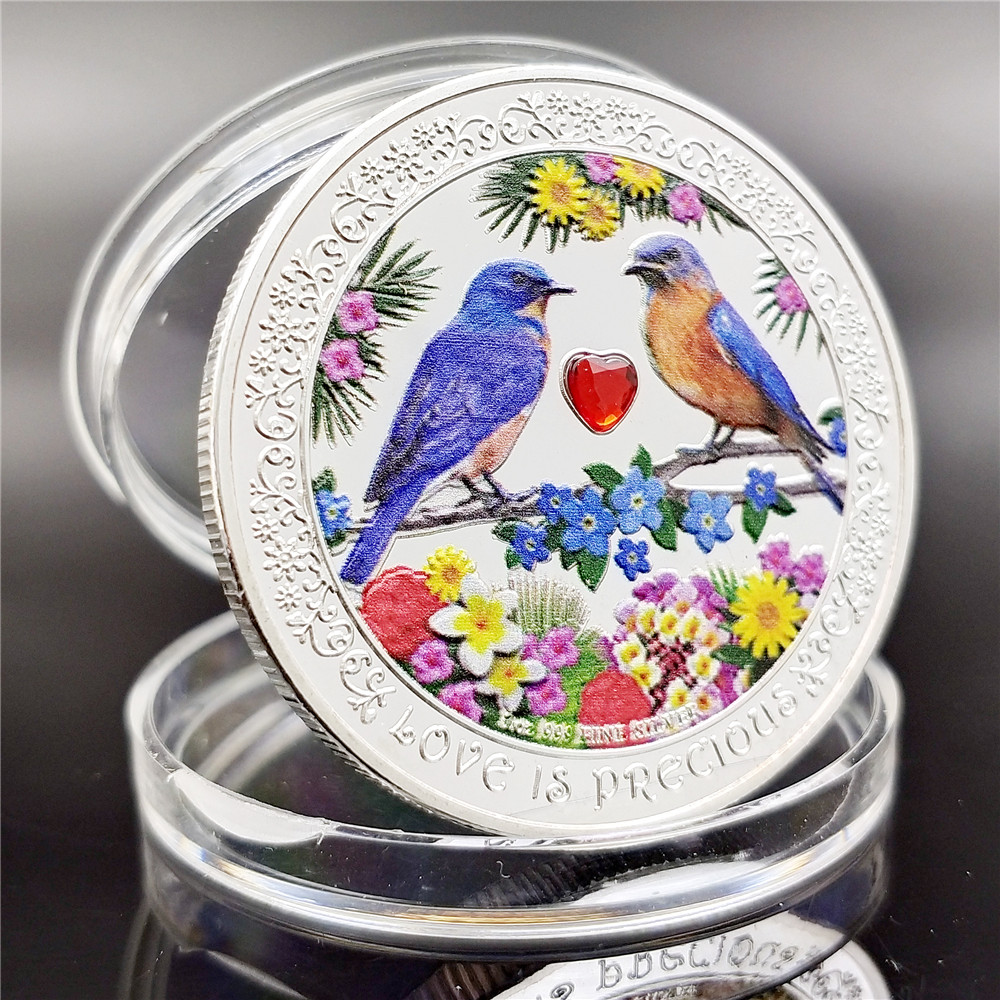 Heart-shaped Diamond-set Commemorative Coin 2019 Niue Silver Coin Wings Love Bird Commemorative Coin Happy Branches Flower Rich coin