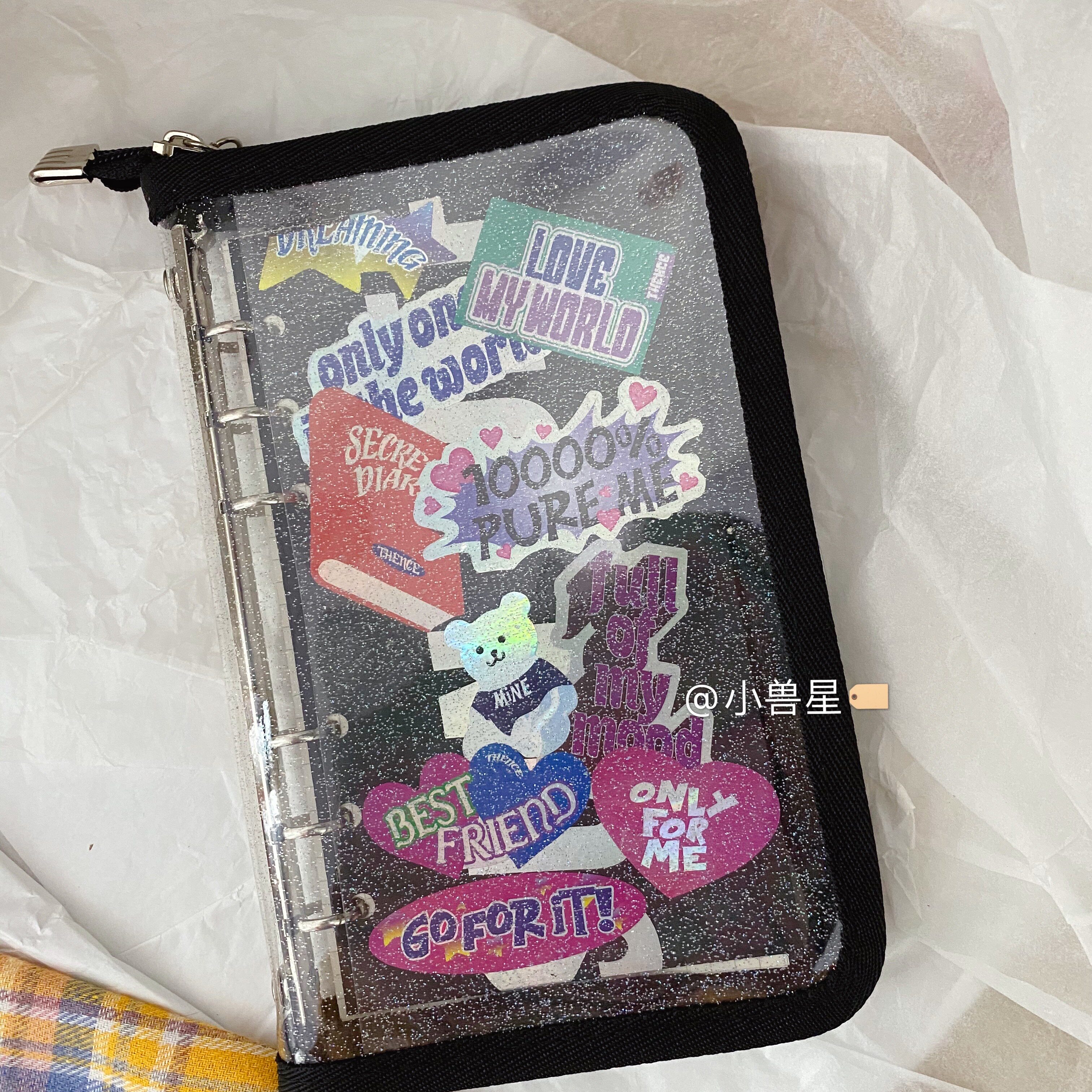 South Korea flat for the transparent black flash powder zipper 6 hole loose leaf notebook INS star hand books