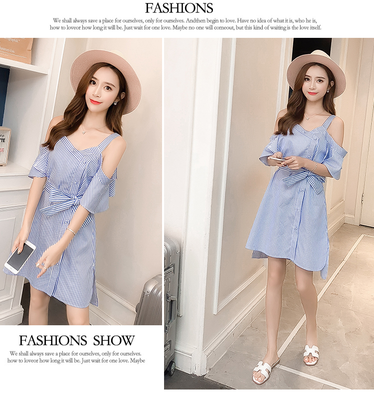VK旗艦店 韓國學院風條紋露肩荷葉背帶裙短袖洋裝