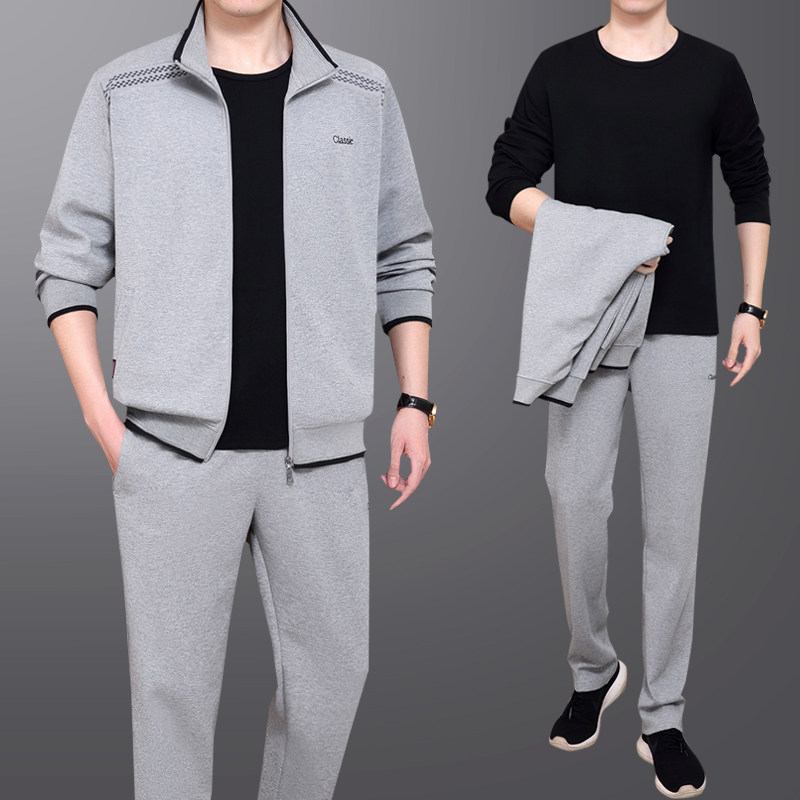 Spring Fall Middle Aged Sportswear Three Sets Long Sleeve Thick Cotton T Breathable Long Pants Men's Fashion Casual Father Suit