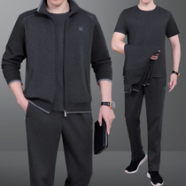 2021 spring cotton middle-aged men Dad casual three-piece loose size outdoor morning exercise sportswear set