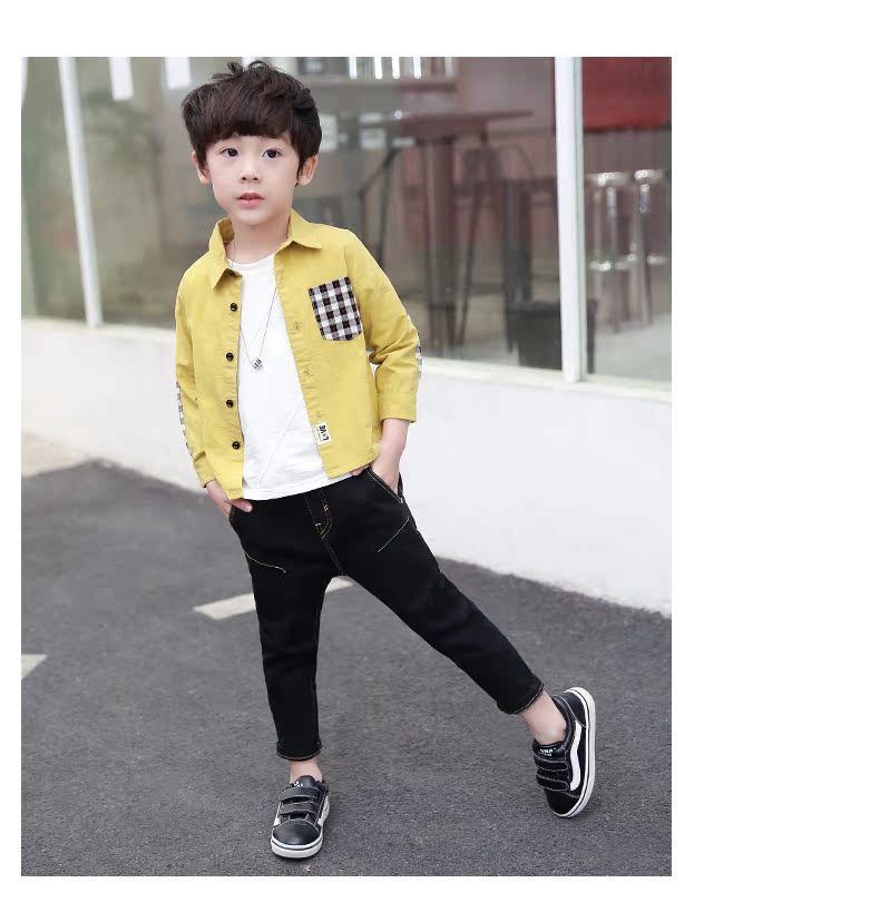 Quần áo trẻ em mát mẻ cho bé trai áo sơ mi dài tay mùa xuân và mùa thu trẻ em màu sắc rắn rỏi trong những đứa trẻ lớn phiên bản Hàn Quốc váy trẻ em hàn quốc