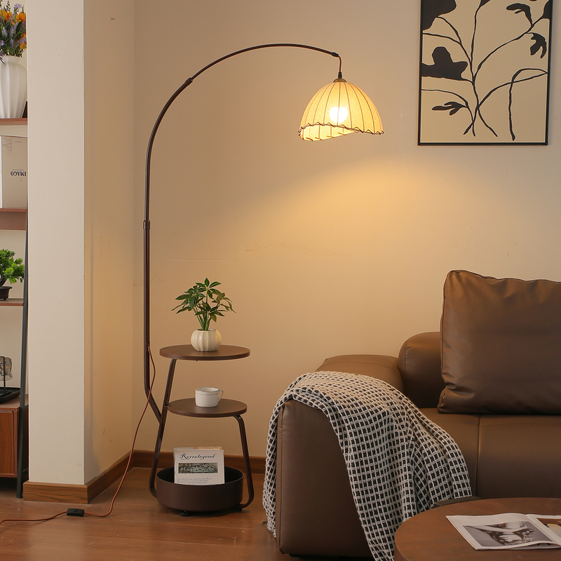 Medieval-Style Floor Lamp Next to the Sofa in the Living Room, Integrated with a Storage Unit, Retro Bedroom Bedside Wabi-Sabi Style Standing Table Lamp