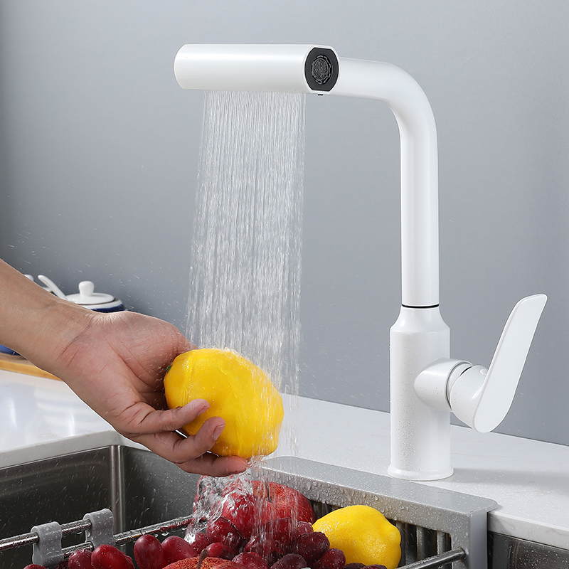 Kitchen Sink Pull-Out Hot and Cold Faucet Rain Shower Household Sink Retractable Faucet White