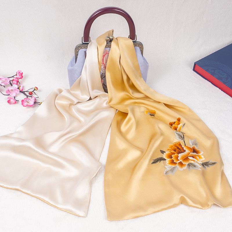 Embroidery Silk Scarf Scarf Shawl Shawl Shawl Mother Mother Spring and Autumn Smo Silk Hand Embroidery Peony Gift