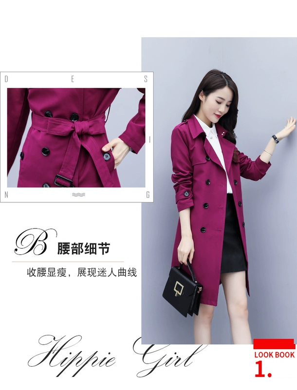 Caiyige Long Anh áo gió màu tím thời trang áo khoác màu đen với thắt lưng mùa xuân và mùa thu thời trang nữ sang trọng - Trench Coat
