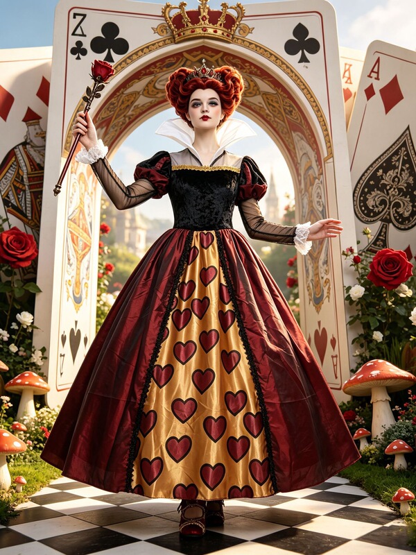 Alice in Wonderland Red Queen Cosplay Dress Adult Retro Court-Style Long Dress Halloween Costume