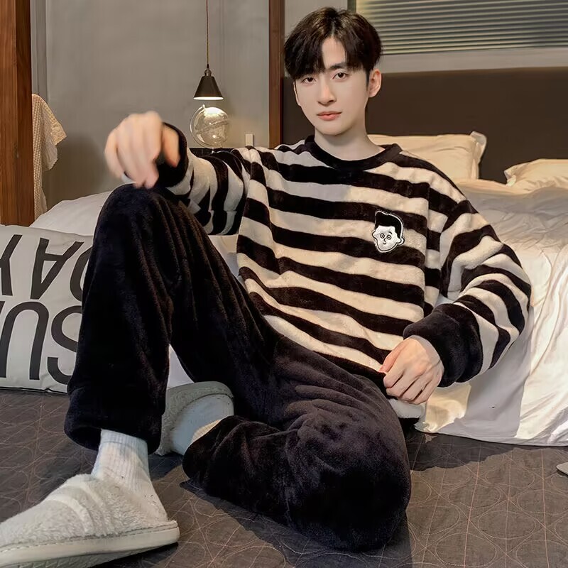 Striped Autumn and Winter Pajamas for Teenagers, Winter Flannel Warm Coral Thin Men's Home Wear Set, Fashionable
