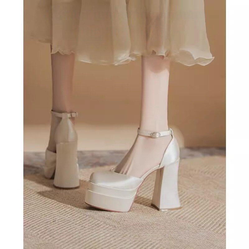 French-Style Satin White Wedding Shoes, Magic Shoes for Women, Thick-Soled, Petite, Ultra-High Heels, Mary Jane Style, Wedding Dress Platform, 12cm French-Style Satin White Wedding Shoes, Magic Shoes for Women, Thick-Soled, Petite, Ultra-High Heels, Mary Jane Style, Wedding Dress Platform, 12cm