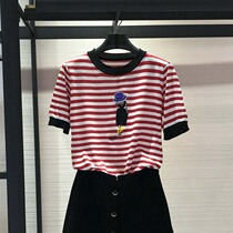 Little Brother Sti 2021 summer new womens counter stripe embroidered ice silk knitted short sleeve T-shirt top