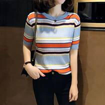 Little Brother Sti 2021 New Brand womens counter color striped short sleeve ice silk sweater body shirt