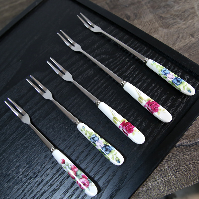 European-style high-quality ceramic handle stainless steel fruit fork Korean two-tooth fruit fork small fork tableware fork