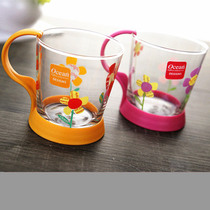 OCEAN imported glass mug coffee cup anti-burn and heat resistant water cup floral tea cup with handle printed round cup