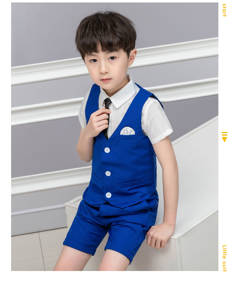 Trẻ em trẻ em phù hợp với hoa mùa hè ngắn tay phù hợp với chiếc váy biểu diễn piano boy máy chủ hiệu suất cậu bé trang phục váy.