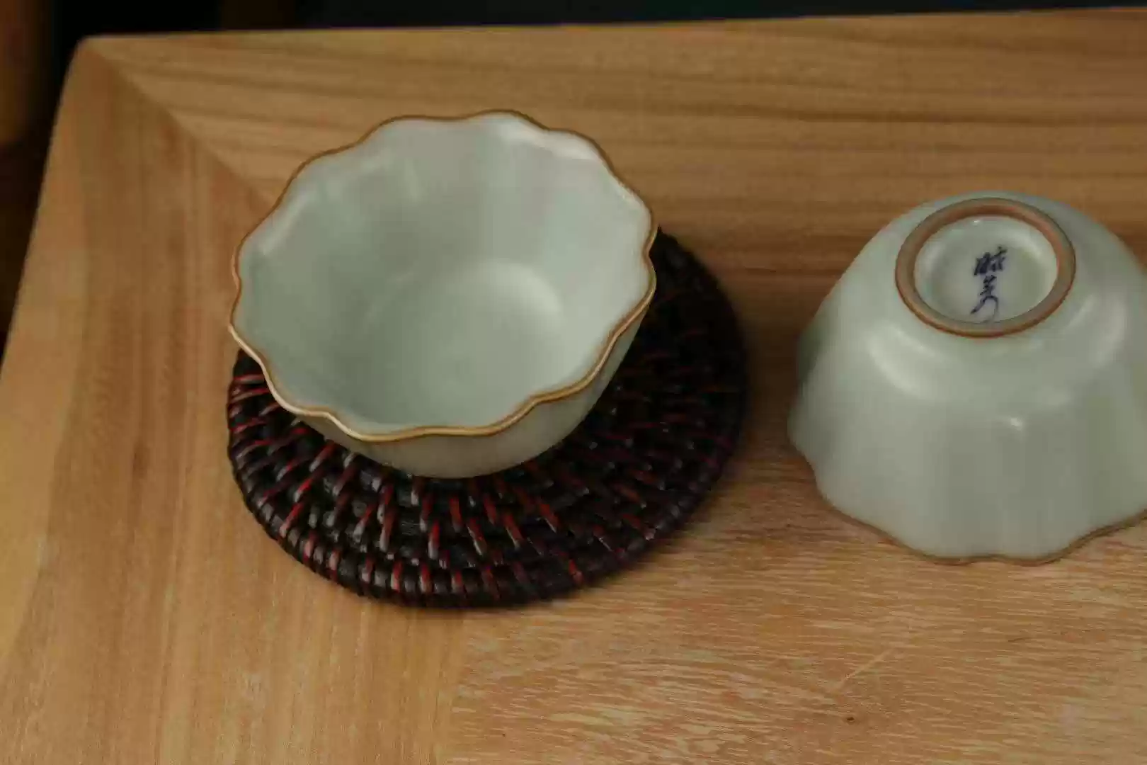 曉芳窯九十年代手作茶杯推薦臺灣蔡曉芳中式青瓷牡丹杯禮盒裝