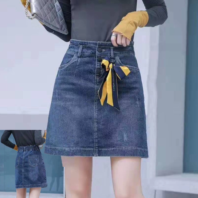 Rain Ainong Bowknot Denim Váy của phụ nữ 2020 Autumn New A-line Váy nửa chiều dài mỏng Váy hông Váy ngắn - Váy