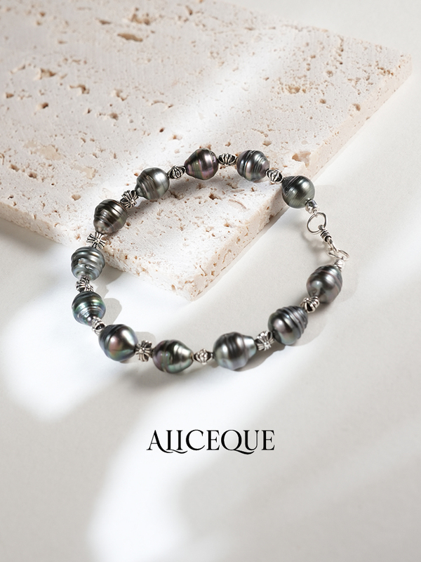 Alicol Tahitian Threaded Black Pearl Thai Silver Bracelet for Men and Women
