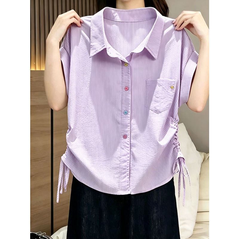 Purple Striped Colorful Button Short-Sleeve Shirt for Women, 2026 Summer New Design with Drawstring Waist for a Slimming Effect Purple Striped Colorful Button Short-Sleeve Shirt for Women, 2026 Summer New Design with Drawstring Waist for a Slimming Effect